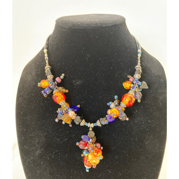 Amber Cobalt AB Black Faceted Star Art Necklace Cluster Beads 17" Gorgeous - Picture 3 of 7